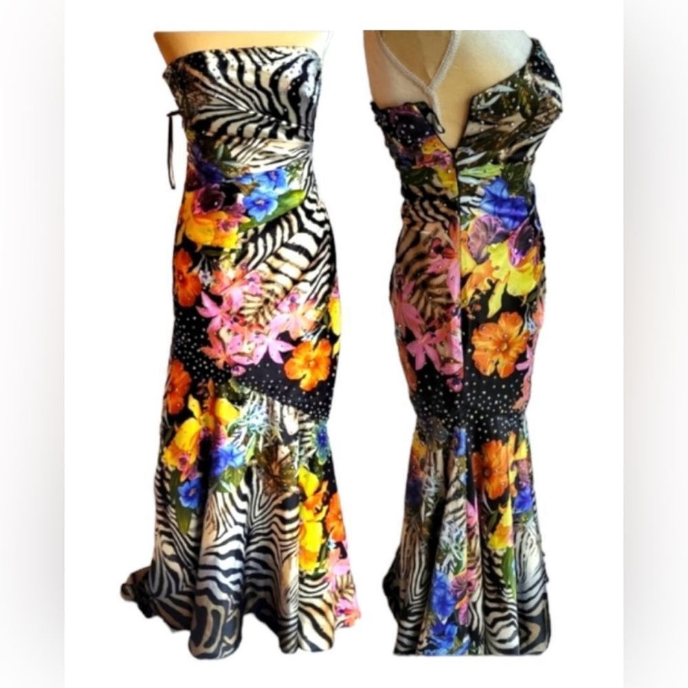 Night Moves Strapless Beaded Satin Prom Dress - 6 - Animal Floral Print - Used - Picture 4 of 6